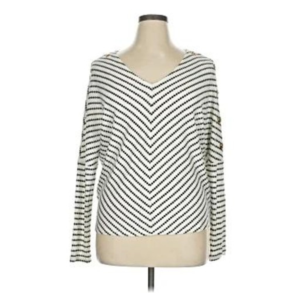 Belldini Womens XL Black White Striped Grommet Sleeve‎ V-Neck Knit Top Blouse